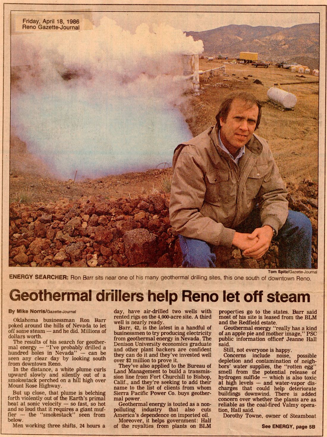 Reno Gazette-Journal clipping from April 18, 1986, showing Ron Barr at one of his geothermal drilling sites south of Reno